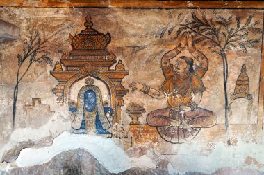 Thanjavur, Tamilnadu 'daki antik Brihadeeswarar tapınağında Fresco / duvar resimleri. Thanjavur 'daki tarihi tapınak kompleksindeki eşsiz tablolar..