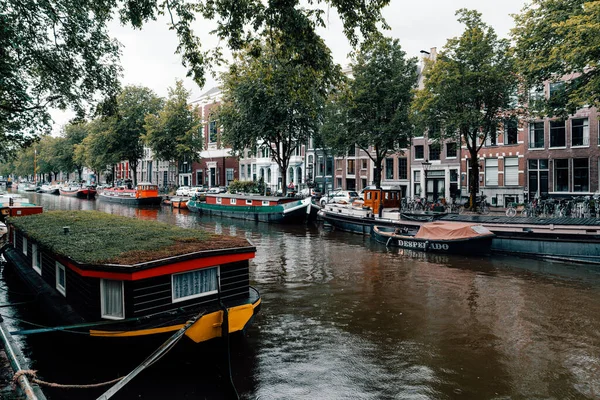Bisikletler ve antik mimari ile süslenmiş Amsterdam kanalı manzarası..