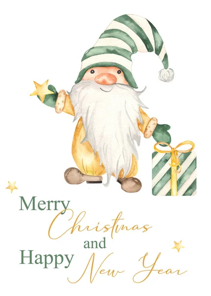 圣诞小妖精 明星和礼物圣诞快乐 水彩画手绘卡片 — 图库照片
