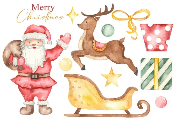 Weihnachtsmann Rentier Weihnachtsmann Schlitten Sterne Geschenke Aquarell Cliparts Frohe Weihnachten — Stockfoto