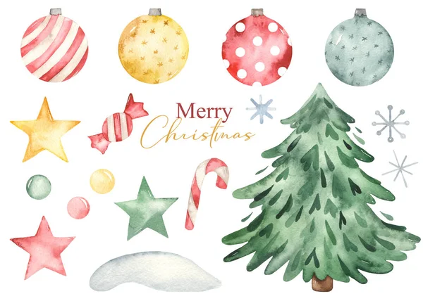 Vánoční Stromeček Vánoční Ozdoby Hvězdy Sněhové Vločky Sladkosti Akvarel Vánoční — Stock fotografie