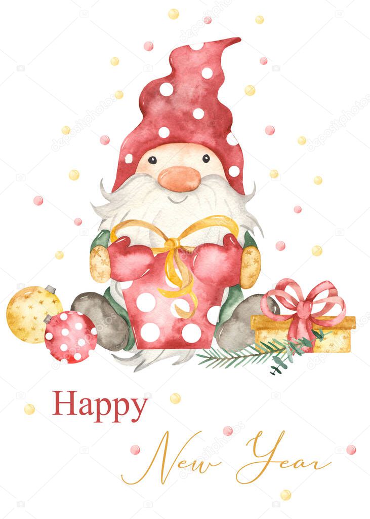 Cute christmas gnome, gifts, christmas decorations, happy new year watercolor card