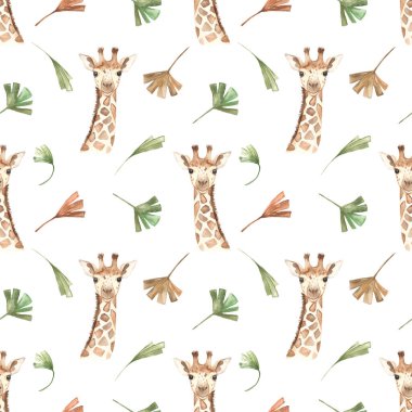 Zürafa başı, tropikal yapraklar, beyaz arka plan suluboya desenli savana.