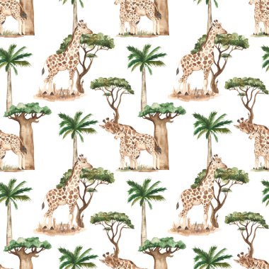 Zürafa ailesi, palmiye, akasya ağacı, baobab, beyaz arka planda savana, dikişsiz suluboya deseni