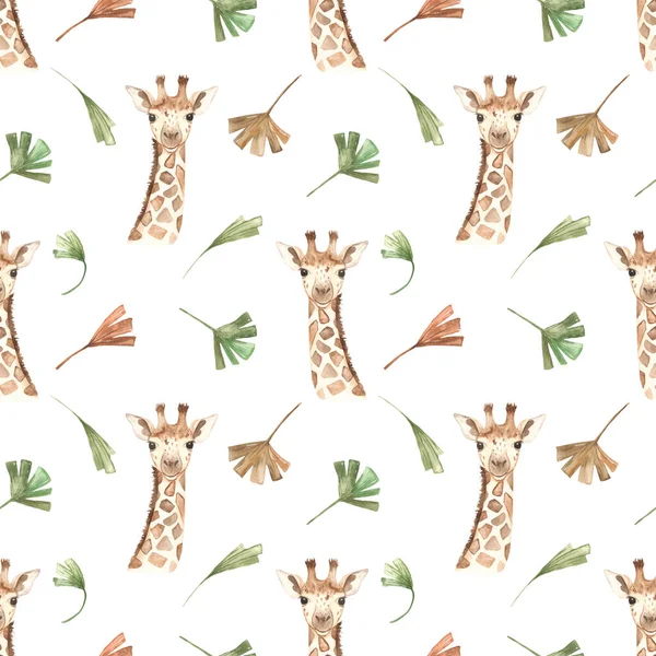 Giraffe Head Tropical Leaves Savanna White Background Watercolor Seamless Pattern — Stock Photo, Image
