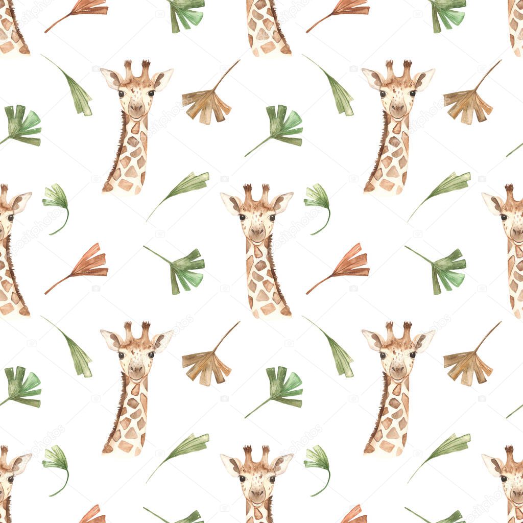Giraffe head, tropical leaves, savanna on a white background watercolor seamless pattern