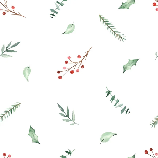 Karácsonyi Növények Levelek Lucfenyő Ágak Bogyók Bogyók Akvarell Zökkenőmentes Minta — Stock Fotó