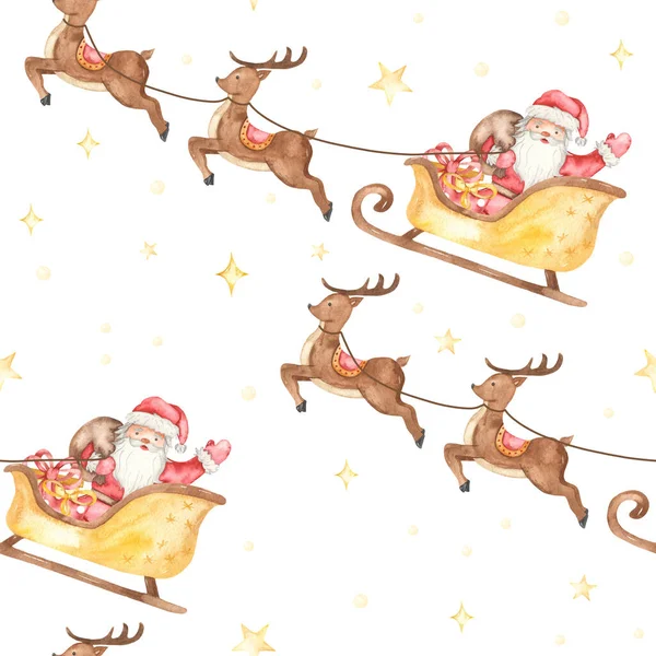 Santa Claus Reindeer Sleigh Stars Watercolor Seamless Pattern — Stock Photo, Image