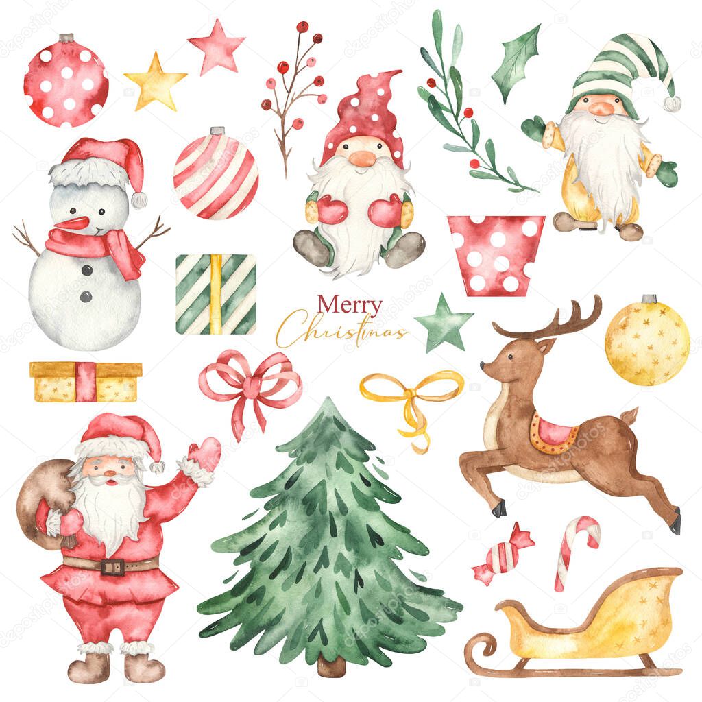 Snowman, santa claus, deer, christmas gnomes, sleigh, gifts, christmas decorations, christmas tree watercolor christmas clipart