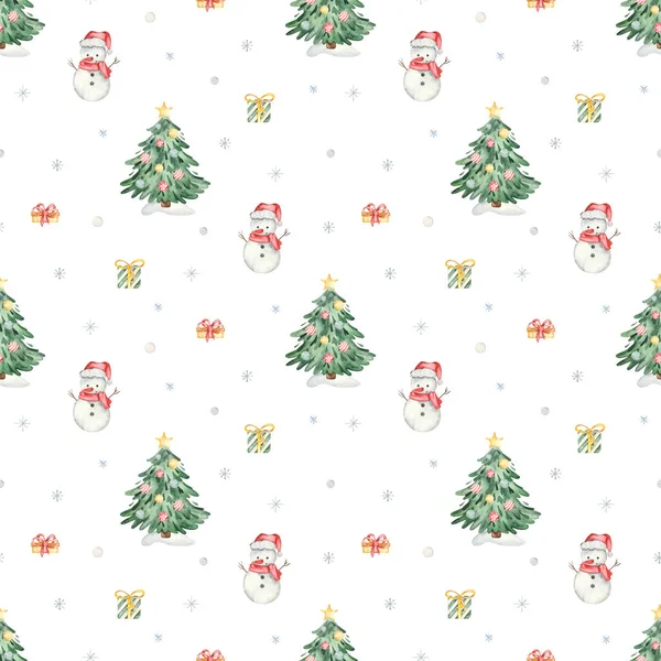 Christmas Tree Snowman Gifts Snowflakes White Background Watercolor Seamless Pattern — Stock Photo, Image