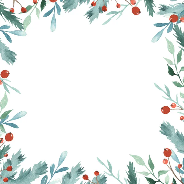 Υδατογραφία Χριστουγεννιάτικο Τετράγωνο Πλαίσιο Κλαδιά Ελάτης Μούρα Φύλλα Κλαδιά Χειμερινές — Φωτογραφία Αρχείου