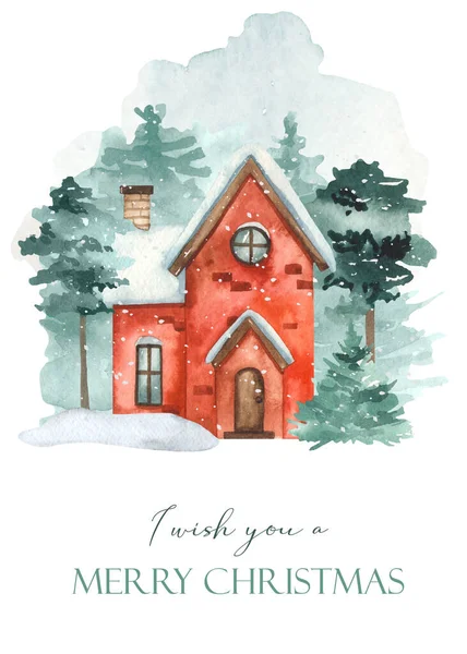 水彩卡 上面有冬天的房子和森林 祝你圣诞快乐 — 图库照片