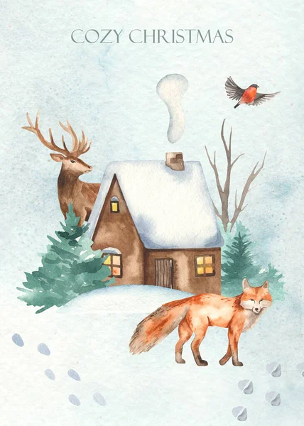 Aquarellkarte Mit Winterwald Tieren Hirsch Fuchs Gimpel Gemütliches Weihnachtshaus — Stockfoto