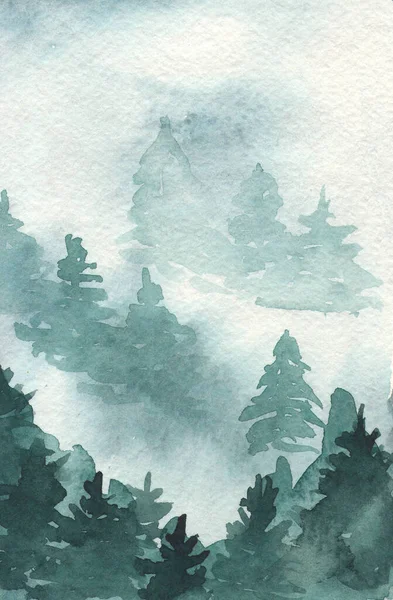 Paysage Hivernal Avec Sapins Aquarelle Fond Dessiné Main — Photo