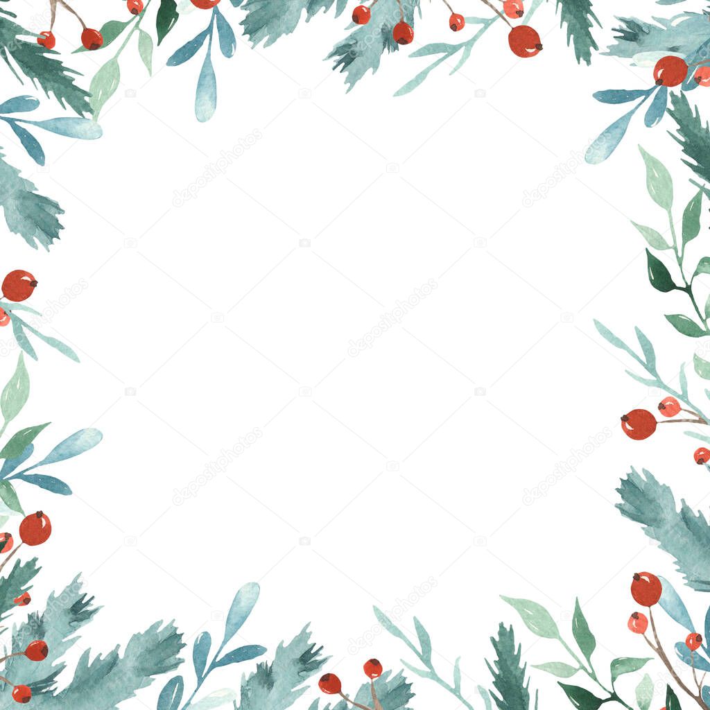 Watercolor Christmas square frame with fir branches, berries, leaves, branches Winter holidays