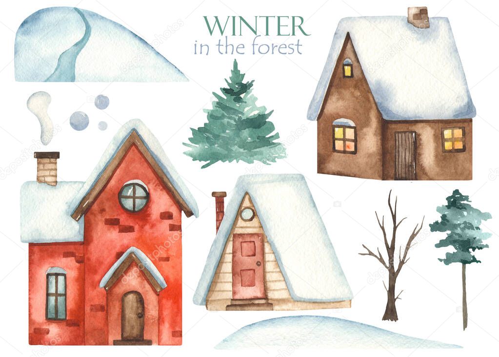 Winter houses, spruce, pine, snowdrifts, tree. Watercolor hand drawn clipart