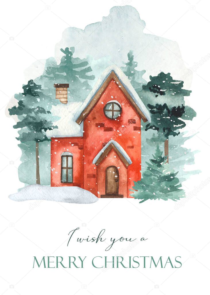 Watercolor card with winter house and forest I wish you a Merry Christmas