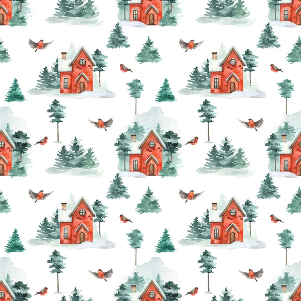 Casa Inverno Floresta Inverno Com Sonhos Abetos Bullfinch Fundo Branco — Fotografia de Stock