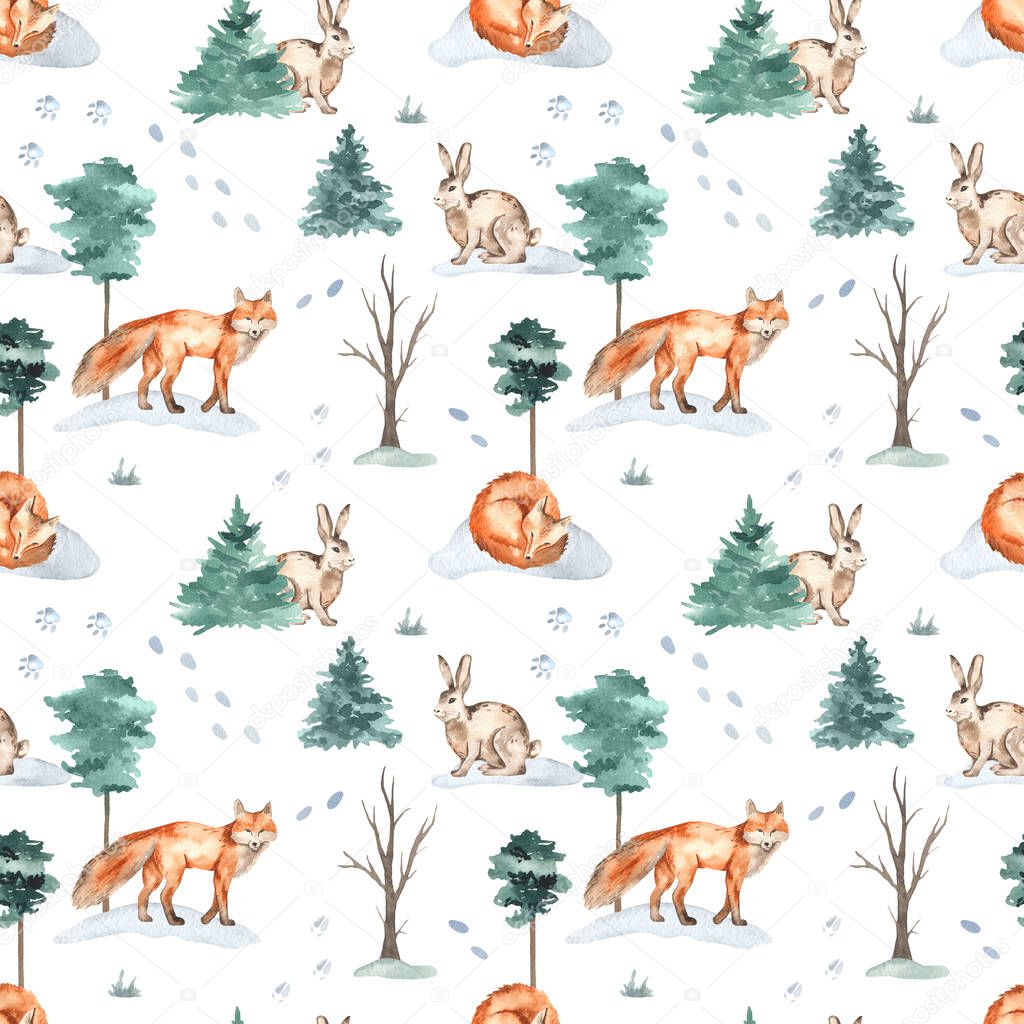 Forest animals in the winter forest, fox, hare, animal footprints in the snow on a white background. Watercolor seamless pattern