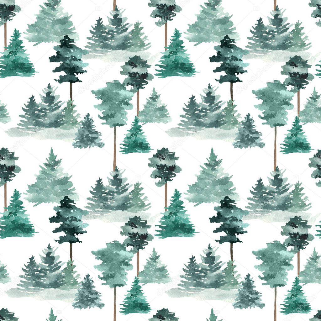 Pine forest, fir trees, pines on a white background. Watercolor seamless pattern