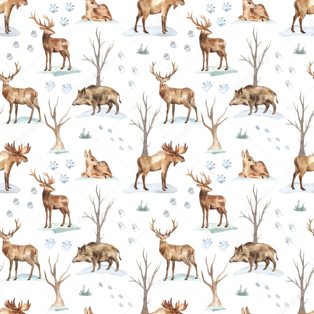 Winter forest, bare trees, forest animals, elk, deer, boar, animal footprints in the snow on a white background. Watercolor seamless pattern