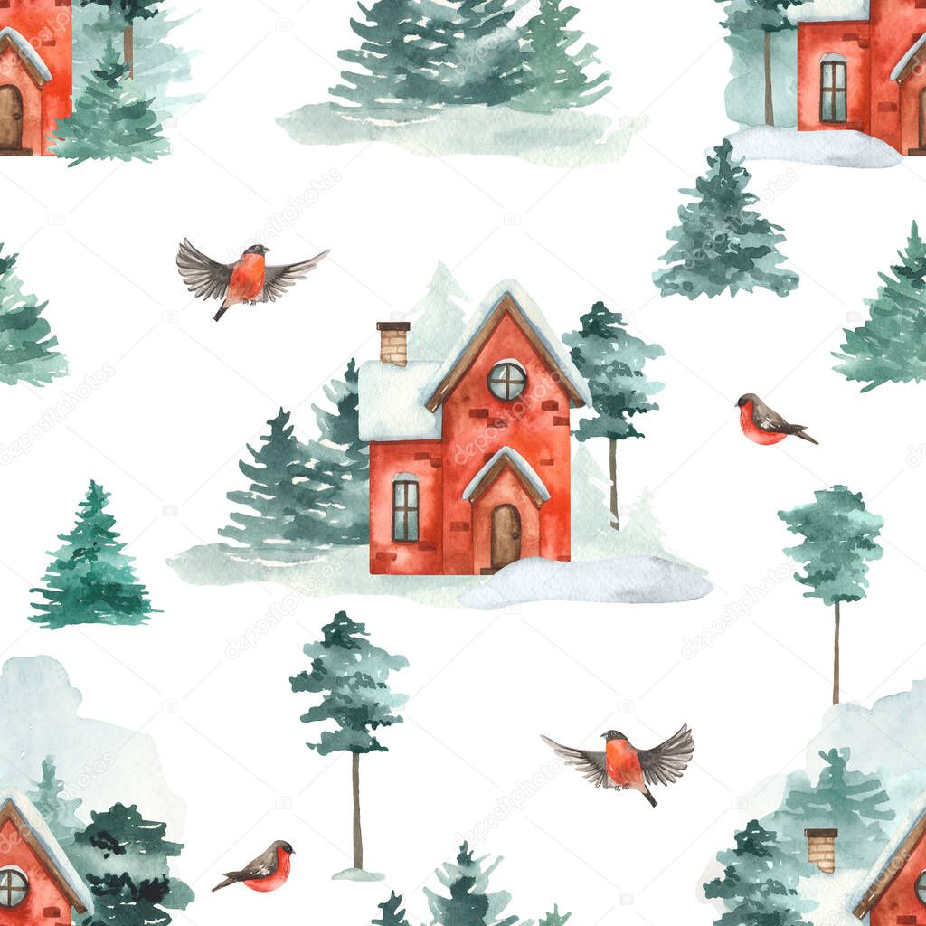 Winter house, winter forest with dreams and firs, bullfinch on white background. Watercolor seamless pattern