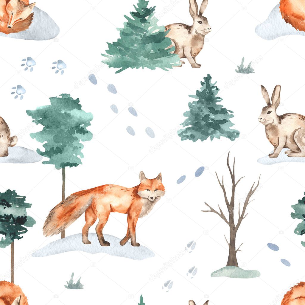 Forest animals in the winter forest, fox, hare, animal footprints in the snow on a white background. Watercolor seamless pattern