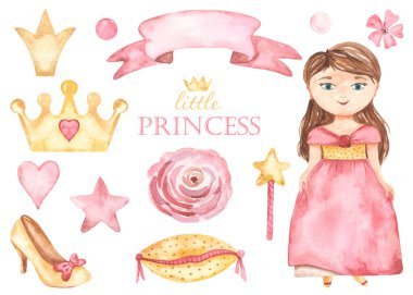 Küçük prenses kız, taç, kurdele, ayakkabı, yastık, kalp, pembe çiçekler. Suluboya el çizimi Clipart