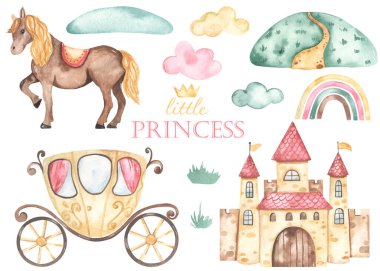 Prenses kalesi, fayton, at, tepe, bulutlar, gökkuşağı. Suluboya el çizimi Clipart