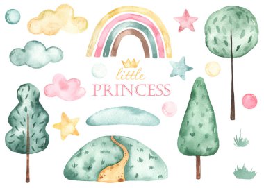 Ağaçlar, gökkuşağı, bulutlar, yıldızlar, çimenler, tepe. Suluboya el çizimi Clipart