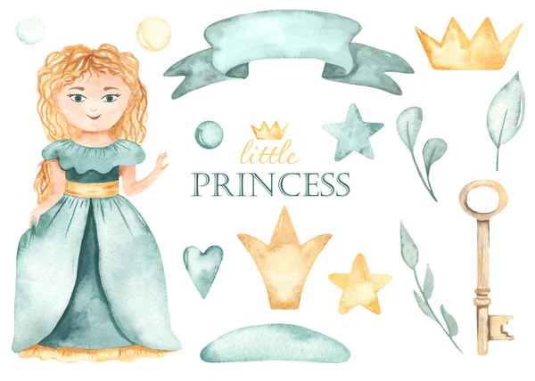 Menina Princesa Coroa Fita Folhas Corações Estrelas Verde Ultramarino Clipart — Fotografia de Stock