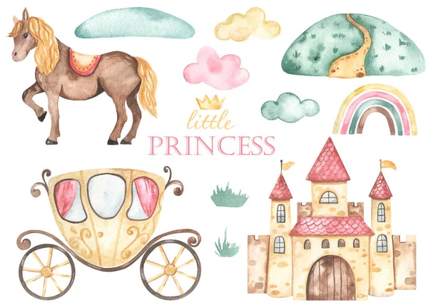 Prenses kalesi, fayton, at, tepe, bulutlar, gökkuşağı. Suluboya el çizimi Clipart