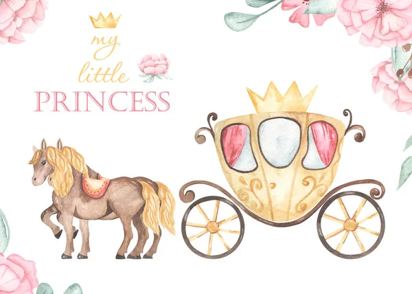 Princess carriage, horses, peony flowers and roses my little princess. Watercolor card. Hand drawn illustration