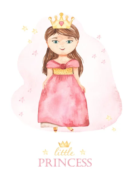 Cute princess in crown in pink Little princess. Watercolor card. Hand drawn illustration