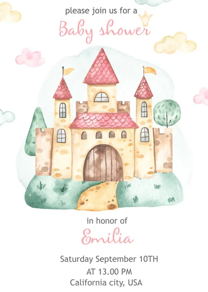 Princesa Castelo Colina Nuvens Árvores Watercolor Bebê Chuveiro Ilustração — Fotografia de Stock