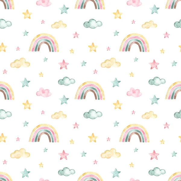 Rainbow, clouds, stars in green, pink, yellow white background. Watercolor seamless pattern