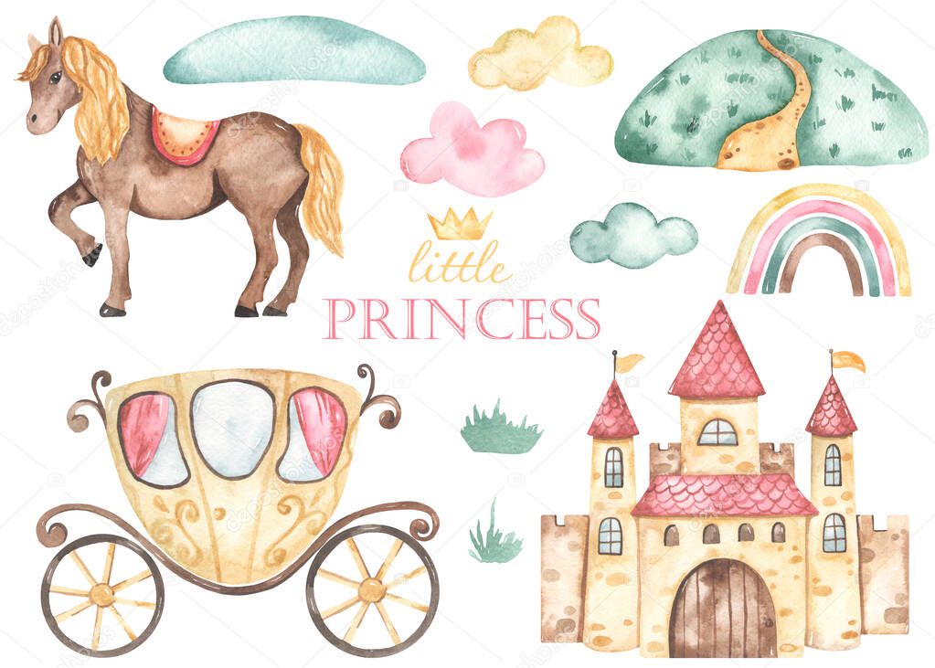 Princess castle, carriage, horse, hill, clouds, rainbow. Watercolor hand drawn clipart