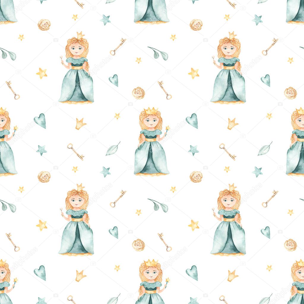 Cute princess, crown, flowers, key, leaves in green on a white background. Watercolor seamless pattern