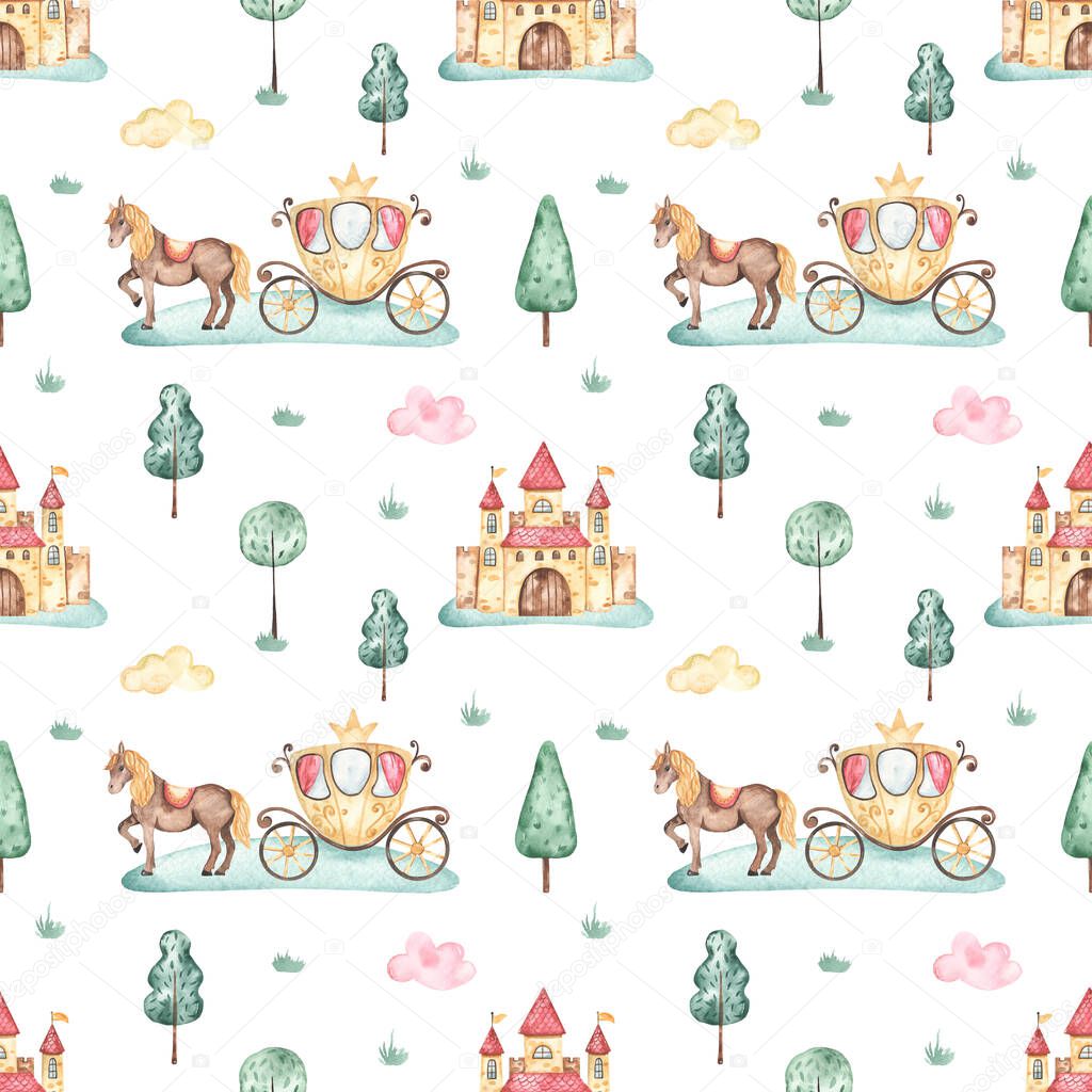 Princess castle, carriage, horse, trees, grass on white background. Watercolor seamless pattern