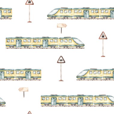 Sevimli karikatür elektro trenler, demiryolu işaretleri, beyaz arka planda trafik ışıkları. Çocukların suluboya desenleri kusursuz.