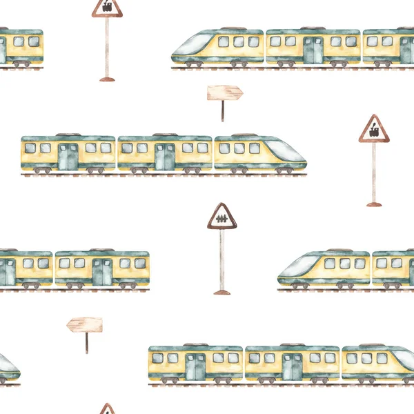 Cute cartoon electro trains, railway signs, traffic lights on a white background. Children\'s watercolor seamless pattern