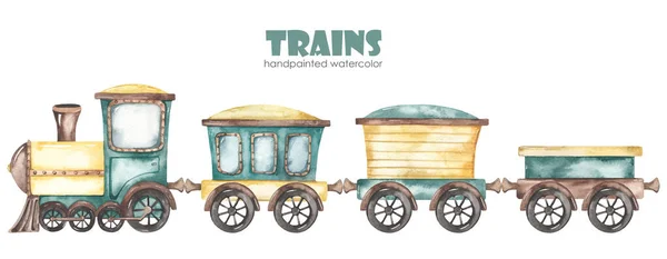 Aranyos Rajzfilm Vonat Kocsik Akvarell Gyermek Kézzel Rajzolt Előfizető — Stock Fotó