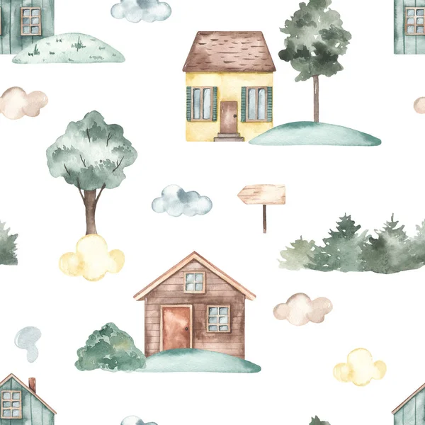 Lindas Casas Dibujos Animados Árboles Nubes Puntero Arbusto Abeto Sobre —  Fotos de Stock