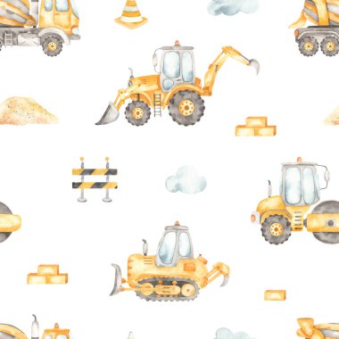 İnşaat araçları, beton kamyon, buldozer, yol silindiri, beyaz arka planda traktör. Suluboya kusursuz desen