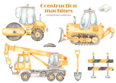 İnşaat makineleri. Buldozer, kamyon vinci, yol silindiri, koruyucu bant, kürek, bulut. Suluboya Clipart