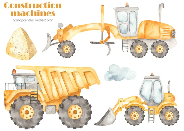 Waterverfclipart Met Bouwmachines Dump Truck Motor Grader Wiellader Stapel Aarde — Stockfoto