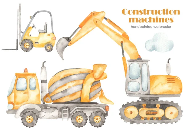 Kazıcılı inşaat makineleri, forklift, beton karıştırıcı kamyon, beton kamyon. Suluboya el çizimi Clipart