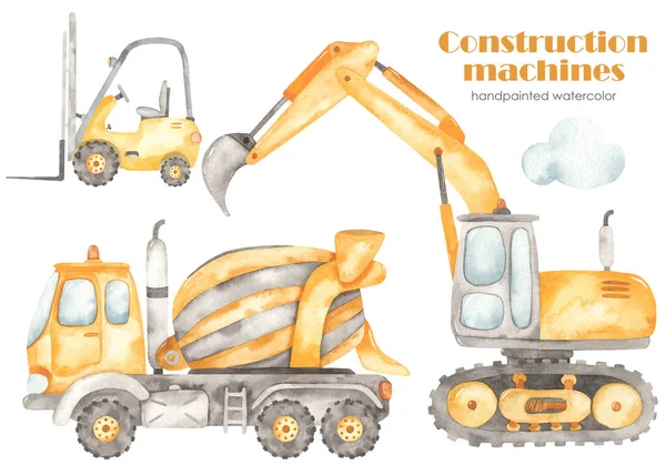 Construction machines with excavator, forklift, concrete mixer truck, concrete truck. Watercolor hand drawn clipart