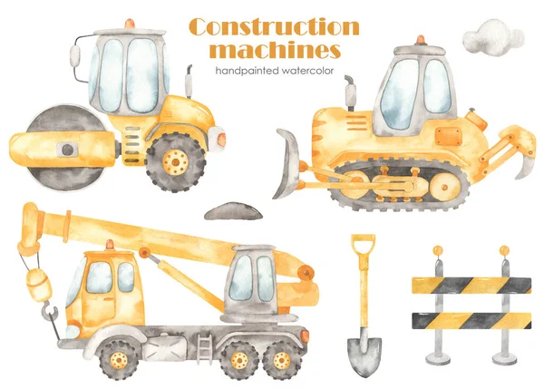 Bouwmachines Bulldozer Vrachtwagenkraan Roadroller Beschermtape Schop Wolk Aquarel Clipart — Stockfoto