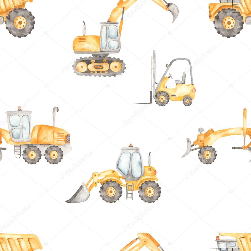 Construction vehicles, dump truck, grader, forklift, bulodozer, excavator on a white background. Watercolor seamless pattern